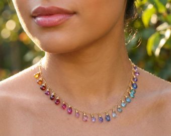 - Solid Gold 14K Rainbow Multi Gemstone Necklace, Precious Drop Necklace